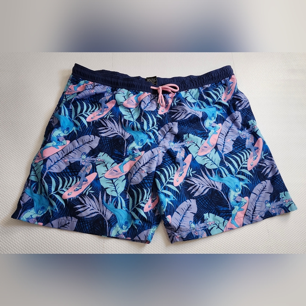 Batman Men's Navy Surf Board Shorts with Pink and Aqua Accents